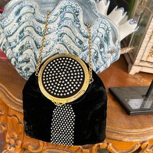 Antique EVANS Art Deco Velvet Rhinestone Compact Mirror Beggars Coin Purse
